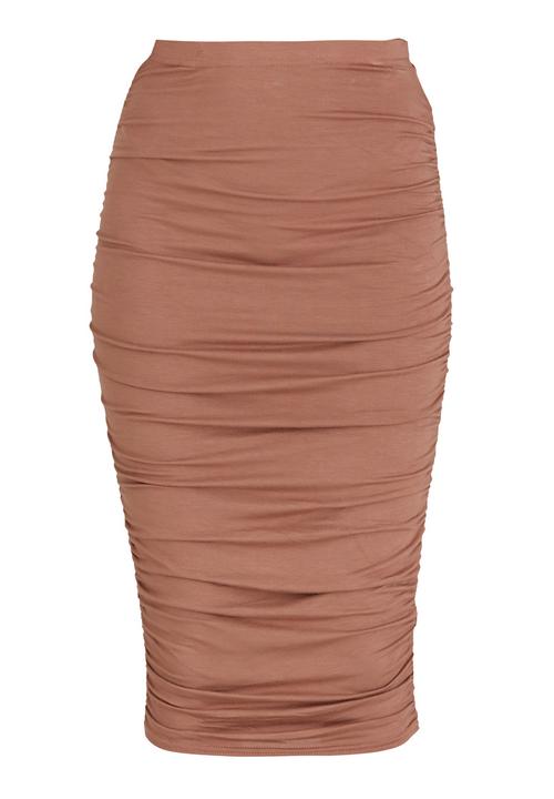 BoohooDNU - Side Ruched Midi Skirt Mid Brown