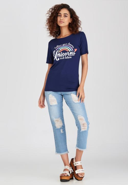 BoohooDNU - Rainbow Unicorn T-shirt Navy