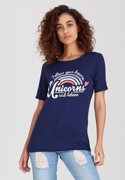 BoohooDNU - Rainbow Unicorn T-shirt Navy