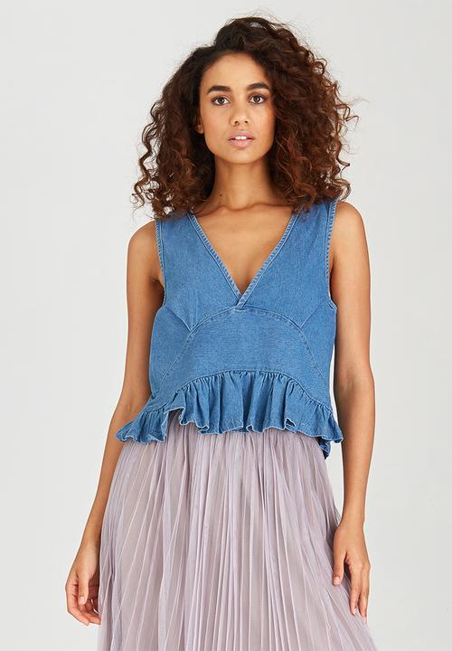 BoohooDNU - Denim Frill Cropped Top Blue