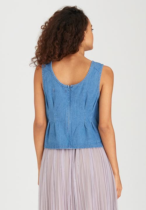 BoohooDNU - Denim Frill Cropped Top Blue