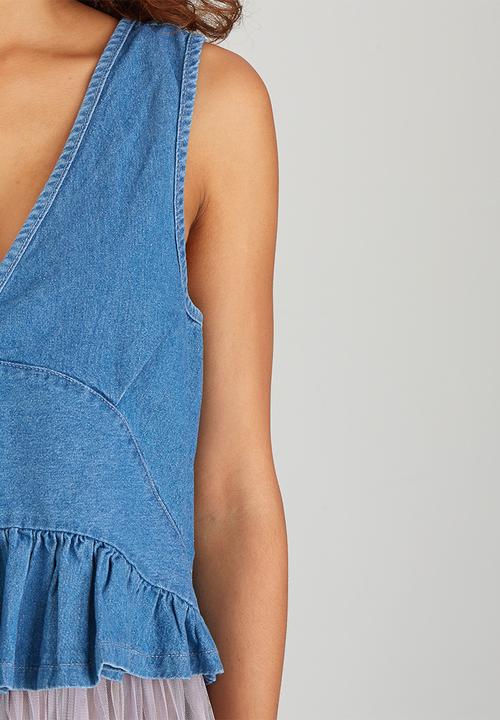 BoohooDNU - Denim Frill Cropped Top Blue