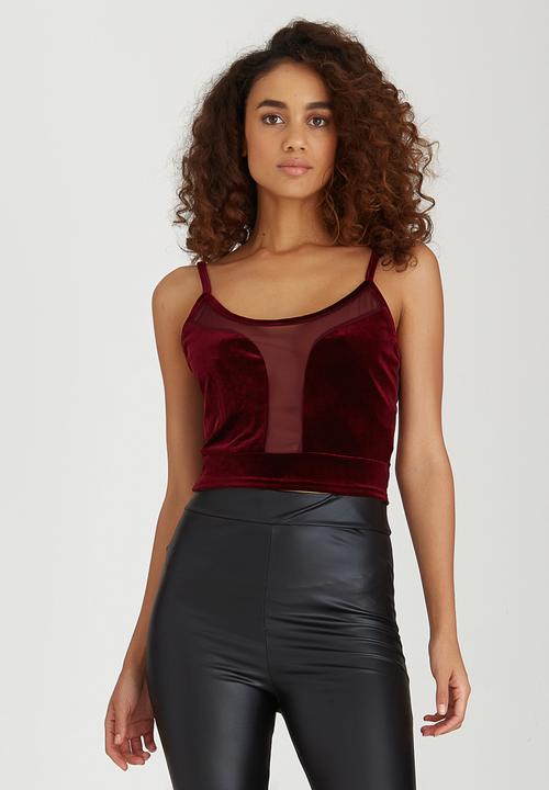 BoohooDNU - Velour Cropped Top With Sheer Insert Panels Dark Red