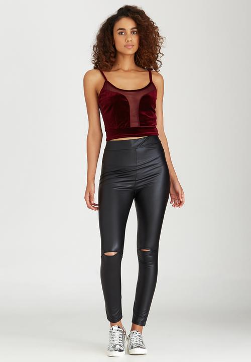 BoohooDNU - Velour Cropped Top With Sheer Insert Panels Dark Red