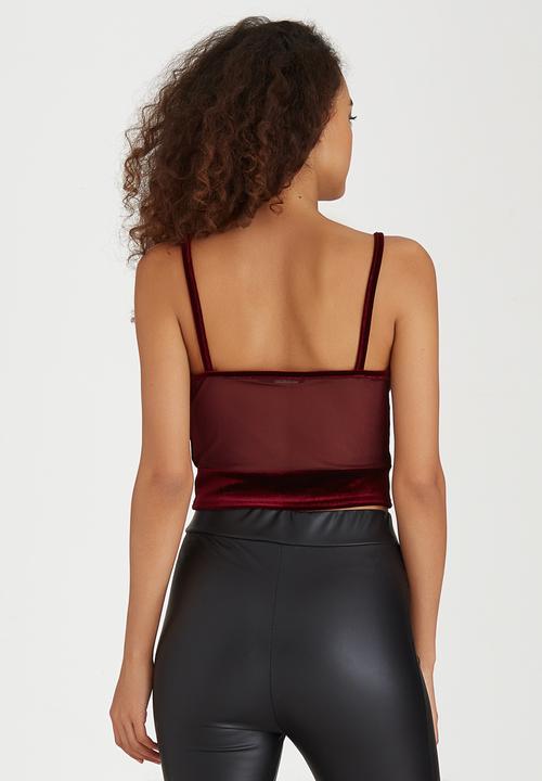 BoohooDNU - Velour Cropped Top With Sheer Insert Panels Dark Red