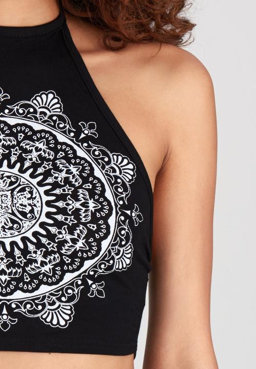 BoohooDNU - Ethnic Print Halter Tie Crop Top Black