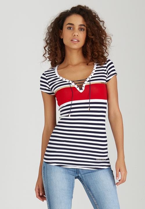 SISSY BOY - Roza Striped Rib Tee Blue and White
