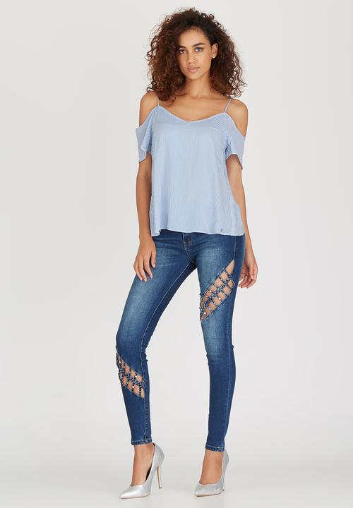 SISSY BOY - Cinthie Stripe Cold Shoulder Top Blue and White