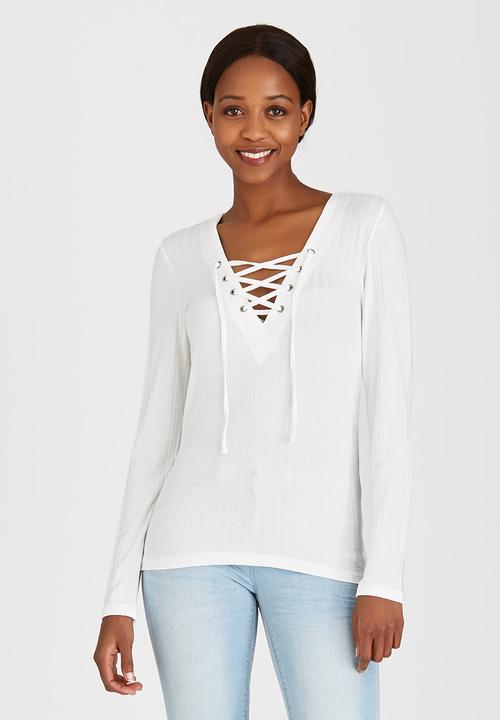 ONLY - Long Sleeve Lace Up Top White