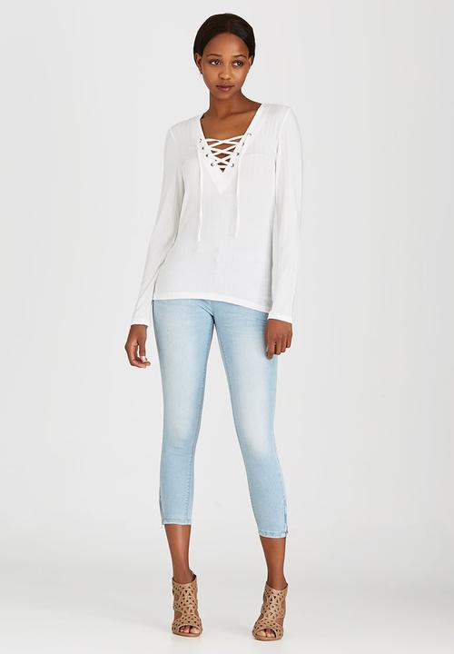 ONLY - Long Sleeve Lace Up Top White