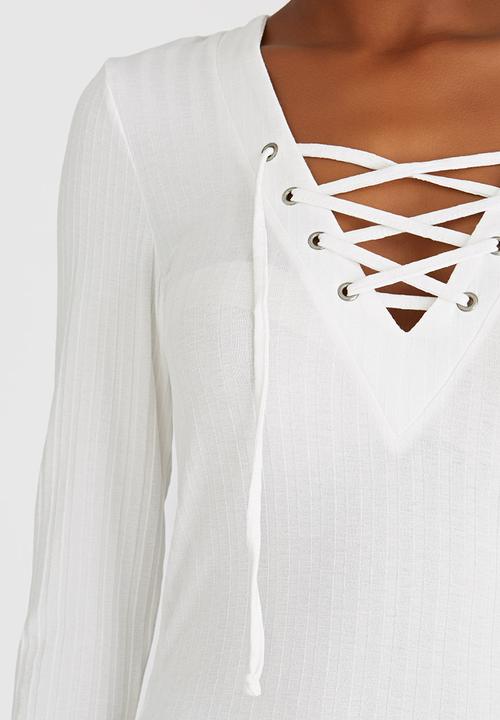 ONLY - Long Sleeve Lace Up Top White