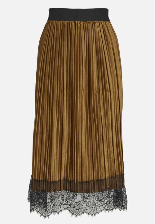 edit - Lace Trim Velour Skirt Mid Brown