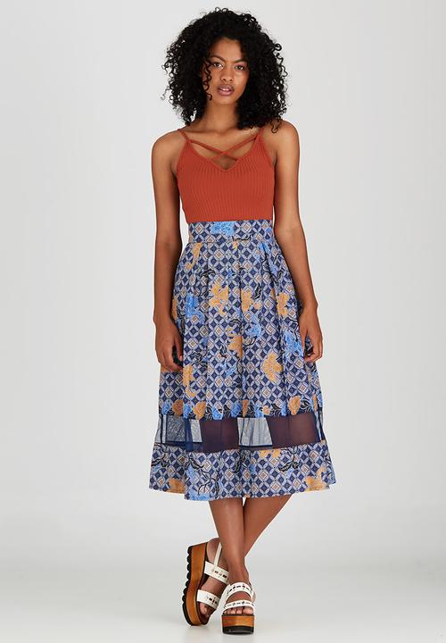 Khanya by Pengelly - Ankara Print Sheer Insert Skirt Mid Blue