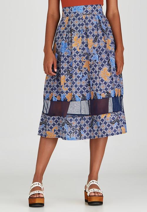 Khanya by Pengelly - Ankara Print Sheer Insert Skirt Mid Blue