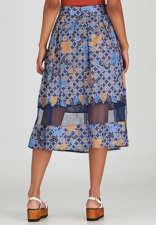 Khanya by Pengelly - Ankara Print Sheer Insert Skirt Mid Blue