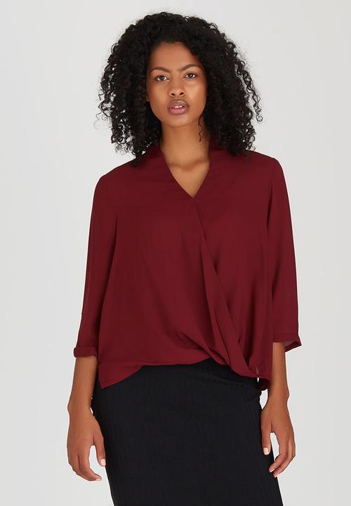 Suzanne Betro - Solid Crossover Blouse Dark Red