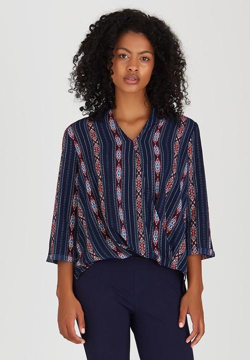 Suzanne Betro - All-over Print Crossover Blouse Navy