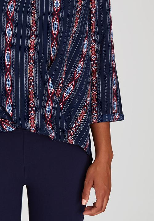 Suzanne Betro - All-over Print Crossover Blouse Navy