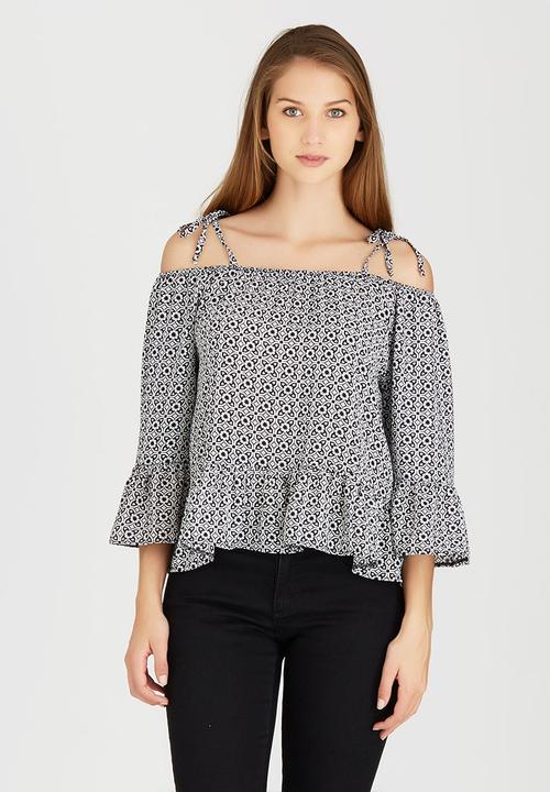c(inch) - Cold Shoulder Blouse Black and White