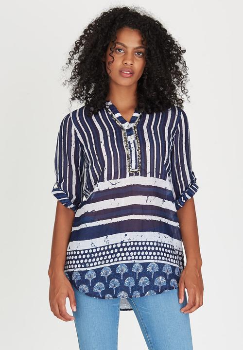 G Couture - Printed Tunic with Beaded Neckline Blue and White