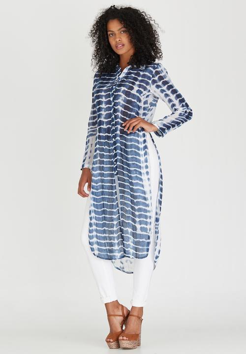 G Couture - Collared Longer Length Tunic with Slits Blue and White