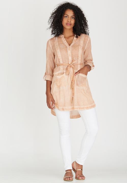 G Couture - Button Down Tunic with Pintucks Coral