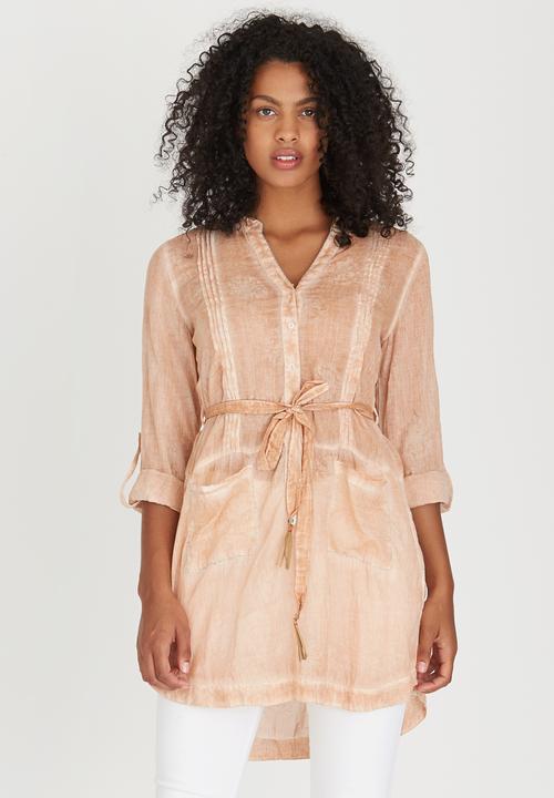 G Couture - Button Down Tunic with Pintucks Coral