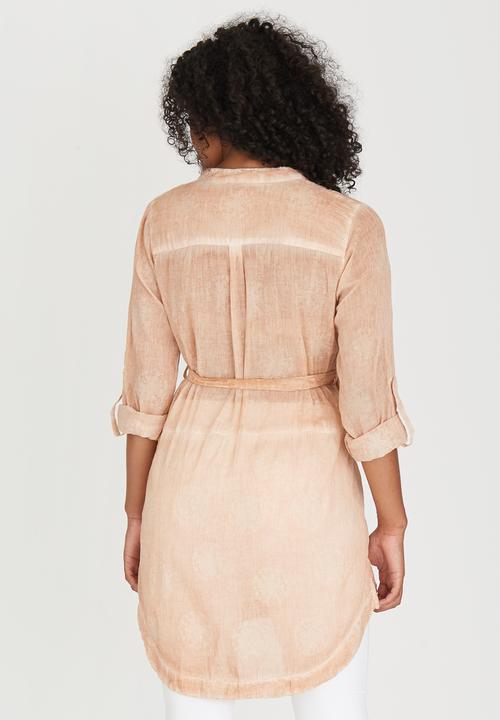 G Couture - Button Down Tunic with Pintucks Coral