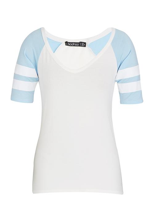 BoohooDNU - Petite V Neck Short Sleeved Baseball T-Shirt Blue