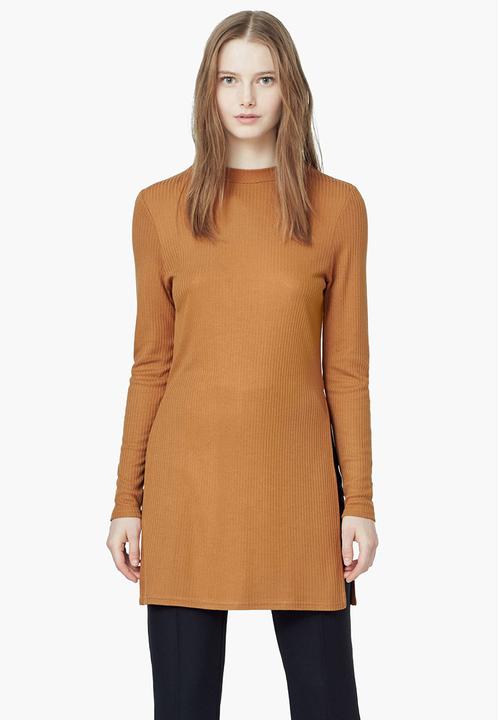 MANGO - Ribbed Side Slit Top Camel