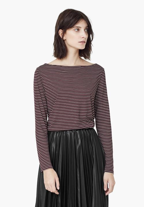 MANGO - Striped Boat-neck T-shirt Dark Red