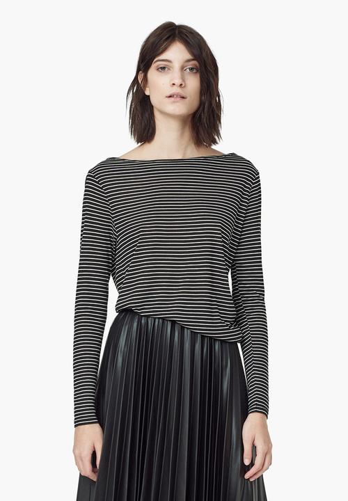 MANGO - Striped Boat-neck T-shirt Black