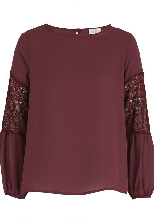 edit - Lace Inset Lantern Sleeve Top Burgundy