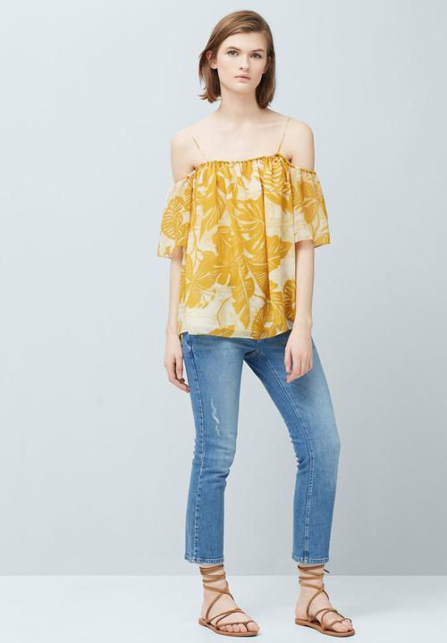MANGO - Floral Print Off-the-shoulder Blouse Yellow and White