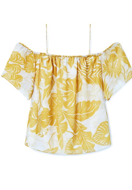 MANGO - Floral Print Off-the-shoulder Blouse Yellow and White
