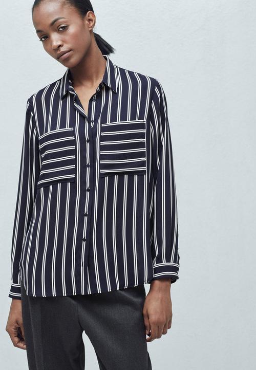 MANGO - Pocket Striped Shirt Blue and White