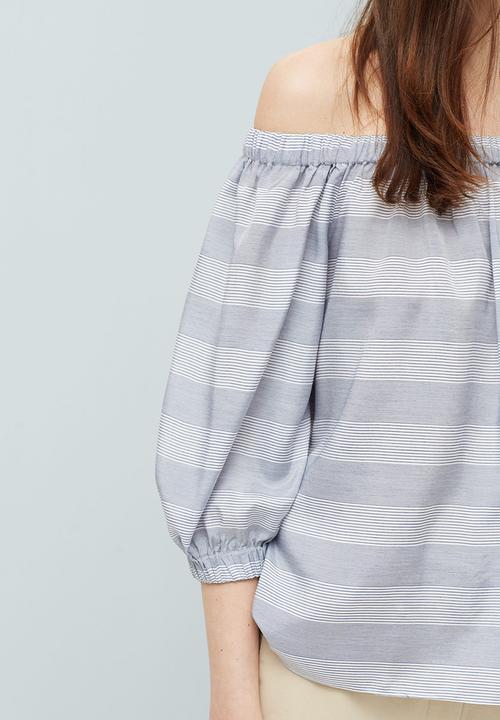 MANGO - Off-the-shoulder Striped Blouse Blue