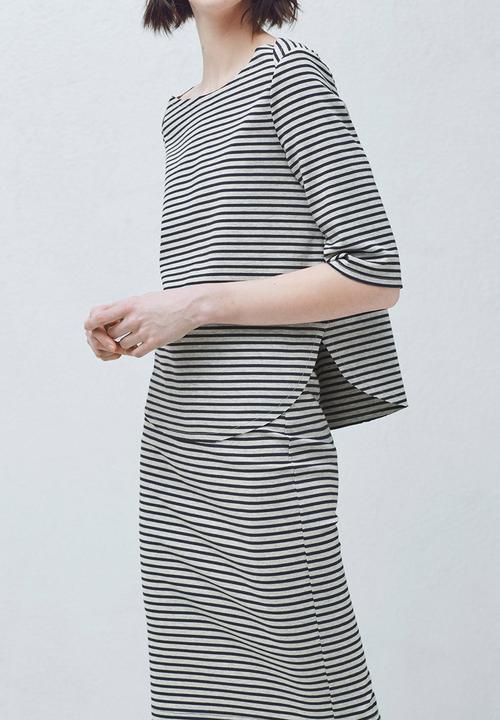 MANGO - Striped Cotton Blouse Blue and Grey