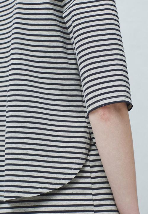 MANGO - Striped Cotton Blouse Blue and Grey