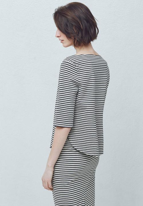 MANGO - Striped Cotton Blouse Blue and Grey