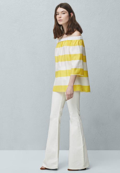 MANGO - Off-the-shoulder Striped Blouse Yellow and White