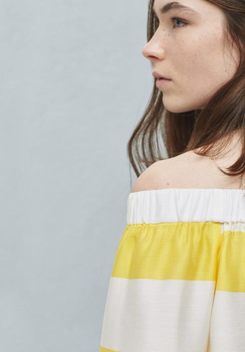 MANGO - Off-the-shoulder Striped Blouse Yellow and White