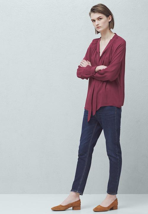 MANGO - Front Tie Blouse Dark Red