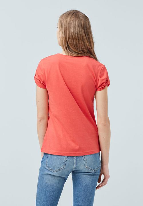 MANGO - Basic T-shirt with Cuff Detail Coral