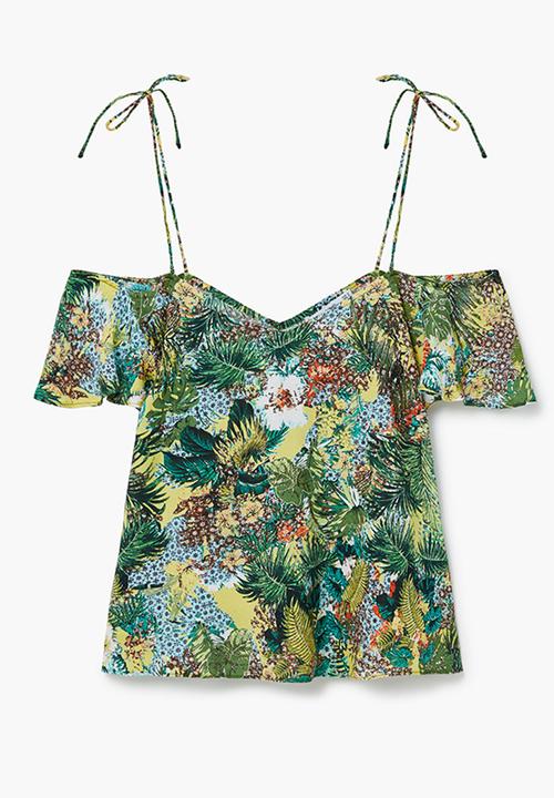 MANGO - Tropical Print Off-the-shoulder Top Green