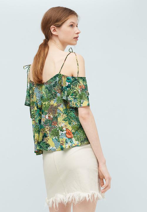 MANGO - Tropical Print Off-the-shoulder Top Green
