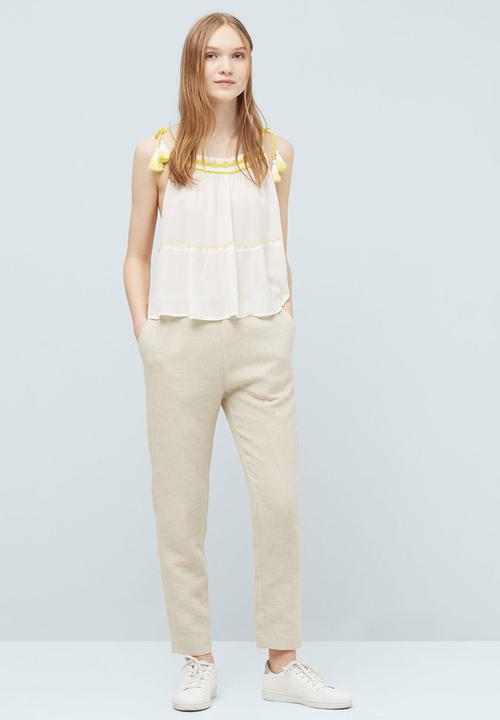 MANGO - Embroidered Top with Tassel Trim Yellow and White