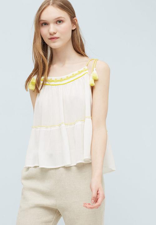 MANGO - Embroidered Top with Tassel Trim Yellow and White
