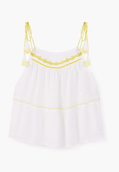 MANGO - Embroidered Top with Tassel Trim Yellow and White