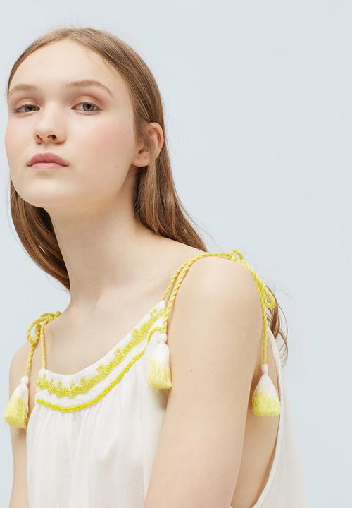 MANGO - Embroidered Top with Tassel Trim Yellow and White